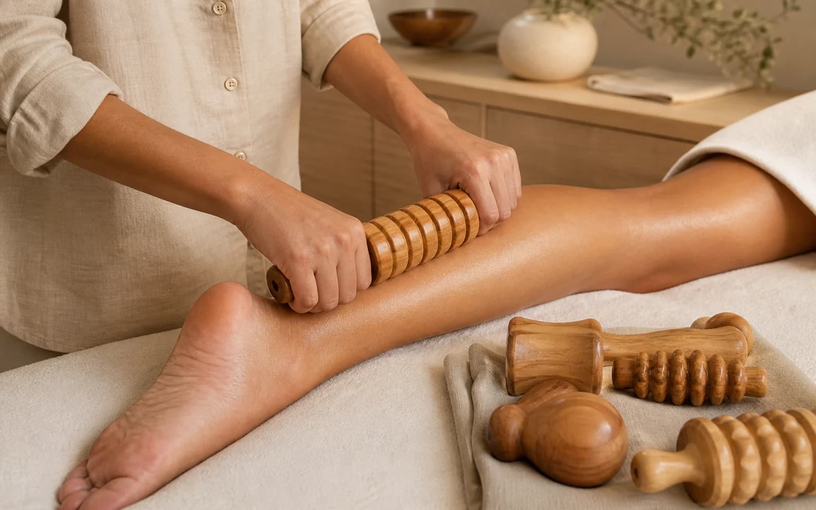 Modelage des jambes avec un rouleau en bois pendant une séance de maderothérapie